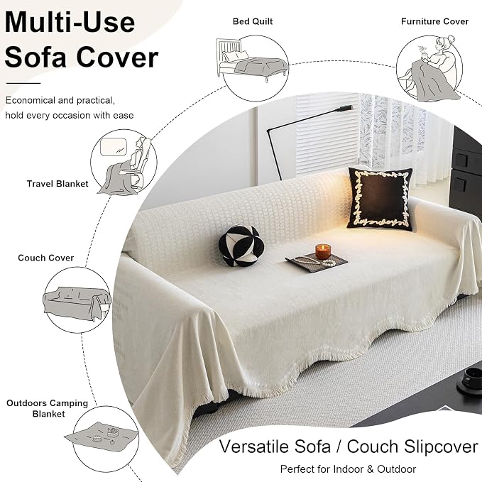 ROOMLIFE Boho White Couch Cover for Dogs, Washable Non Slip Furniture Protector Couch Sofa Covers for 3 Cushion Couch, Soft Chenille Couch Cover Throw Blanket with Tassels 71''X134'' - Image 7