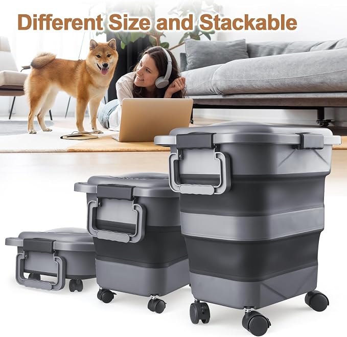 Dog Food Storage Container，2 Pack 25 lbs Airtight Collapsible Cat Food Storage Container with Attachable Wheels, Portable Handle, Dog Food Scoop for Dog Cat Bird Pet Dry Food Storage Bin Large - Image 5