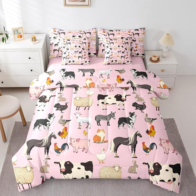 Erosebridal Queen Size Farm Animal Comforter Set with Sheets Boys Girls Cartoon Animals 7 Piece Bedding Sets for Kids Cute Rustic Pink Bed in A Bag Funny Country Animal Theme Bed Set by Erosebridal