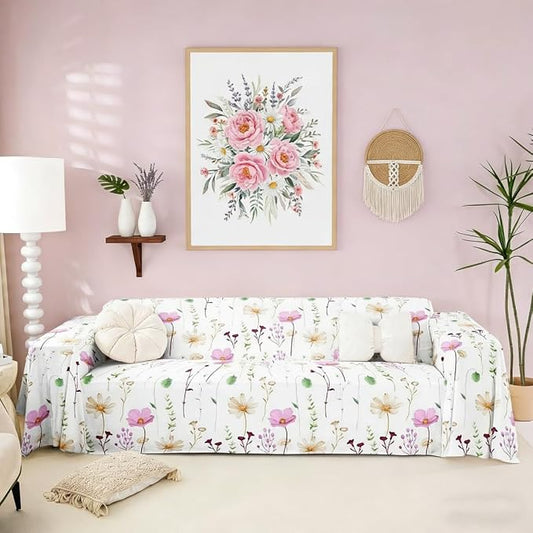 Erosebridal Watercolor Floral Couch Cover Pink Beige Flower Sofa Cover 91" X 118" Modern Minimalist White Couch Protector for Sectional Sofasrustic Farmhouse Washable Non Slip Sofa Protector by Erosebridal