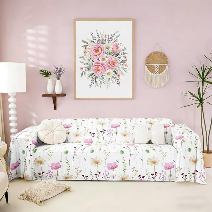 Erosebridal Watercolor Floral Couch Cover Pink Beige Flower Sofa Cover 71" X 134" Modern Minimalist White Couch Protector for Sectional Sofasrustic Farmhouse Washable Non Slip Sofa Protector by Erosebridal