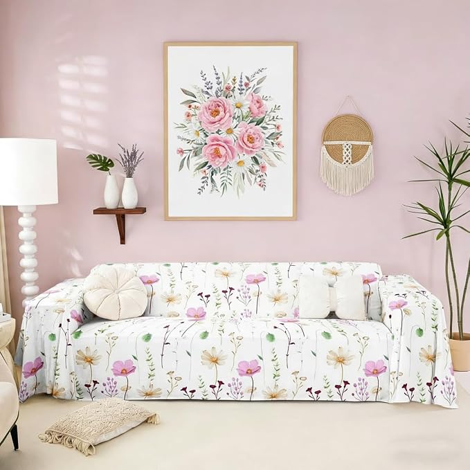 Erosebridal Watercolor Floral Couch Cover Pink Beige Flower Sofa Cover 71" X 102" Modern Minimalist White Couch Protector for Sectional Sofasrustic Farmhouse Washable Non Slip Sofa Protector by Erosebridal
