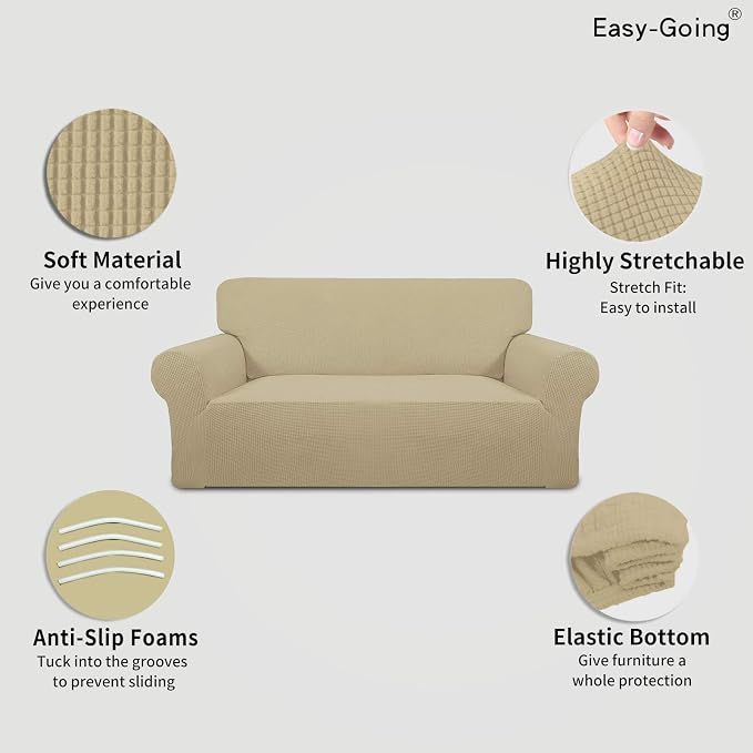 Easy-Going Stretch Oversized Loveseat Couch Covers Washable Beige | 1-Piece Large Loveseat Cover for 2 Cushion Couch Furniture Protector RV Sofa Slipcover Soft with Bottom for Kids Pets - Image 3