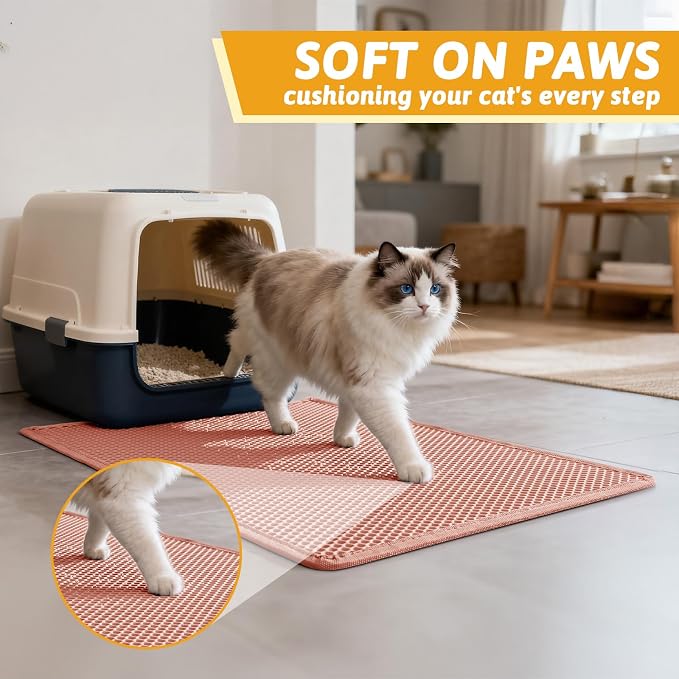 Pieviev Litter Mat, Double-Layer Waterproof Design, 30" x 24" Coral Red | Honeycomb Litter Trapping Mat Captures Scattered Particles to Stop Tracking, Waterproof Base Protects Floors, Easy to Clean - Image 4