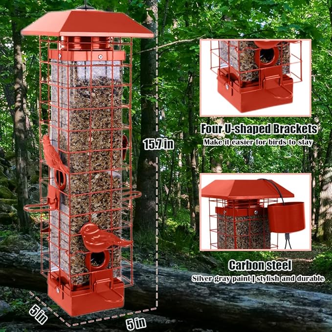 Squirrel Proof Bird Feeders for Outdoors, Metal Wild Bird Feeder for Outside Hanging, 4 Ports Perches, 3LB Large Capacity (Tangerine)