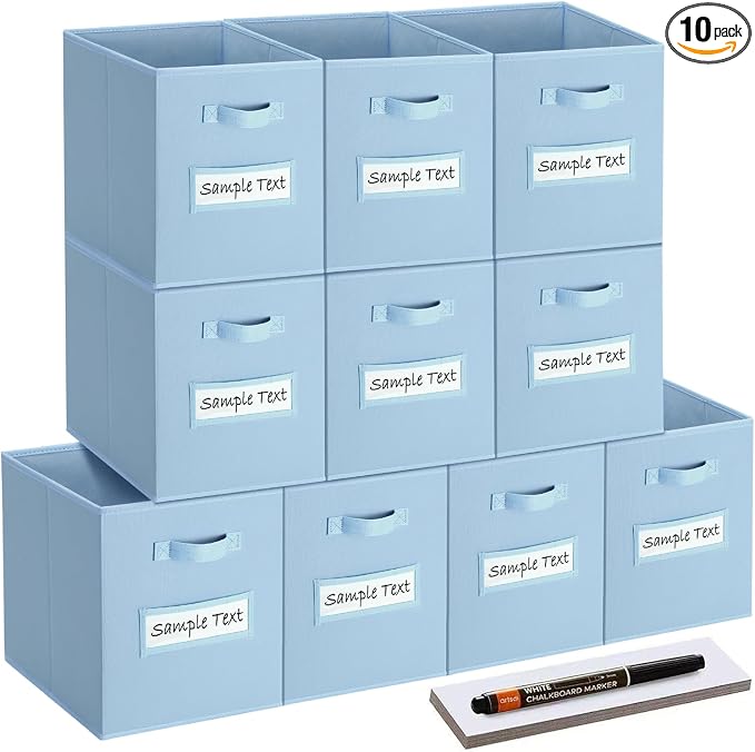 11x11 storage cube bins (Set of 10) Foldable Fabric storage cubes with 10 Labels Window Cards & a Pen,11 inch cube storage bin,Closet Organizers for Shelves,Cubby Organizer Boxes,Pastel Blue by Artsdi
