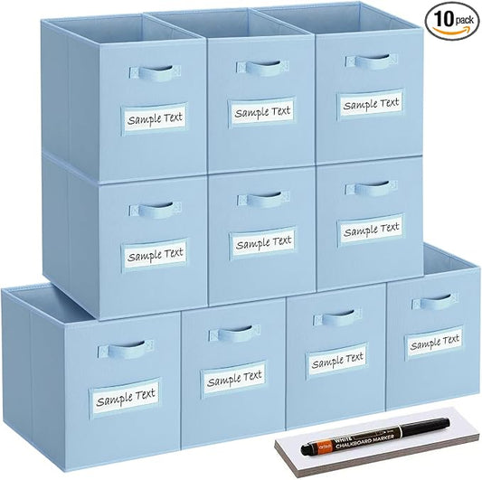 13x13x13 storage cube bins (Set of 10) Fabric storage cubes with 10 Labels Window Cards & a Pen, storage cubes 13x13, Collapsible 13 inch cube storage bins, Cubby Organizer Boxes, Pastel Blue by Artsdi