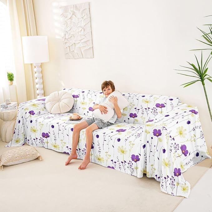 Erosebridal Watercolor Floral Sofa Cover Purple Yellow Flower Couch Cover Modern Minimalist White Sofa Slipcover for Pets, Kids, Dog Rustic Farmhouse Washable Non Slip Couch Protector 71" X 118" - Image 4