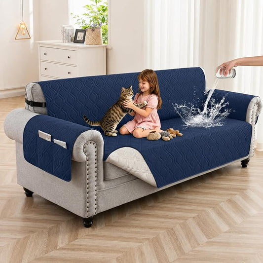 100% Waterproof Quilted Couch Cover,Straps&Pockets,78" Navyblue | Washable sofa cover, pet-friendly, scratch-resistant furniture protector, quilted sofa cover, reversible, non-slip backing. by Unknown