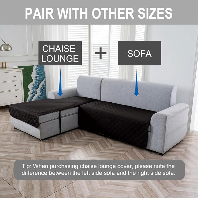 Genina L Shape Couch Cover, Sectional Couch Chaise Covers, Waterproof Washable Sofa Covers for Left L Shape Chaise Lounge, Anti-Slip Sofa Slipcovers for Dogs Cats Pet Friendly(Black) - Image 2