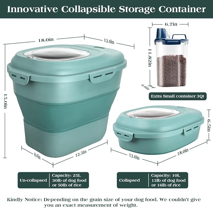 TIOVERY Dog Food Storage Container, Airtight Collapsible 13lb to 30lb Pet Food Container with Flip Top, Rolling Wheel, Scoop and 3L small container for Dog Cat Food and Dry Food of Rice, Flour - Image 2