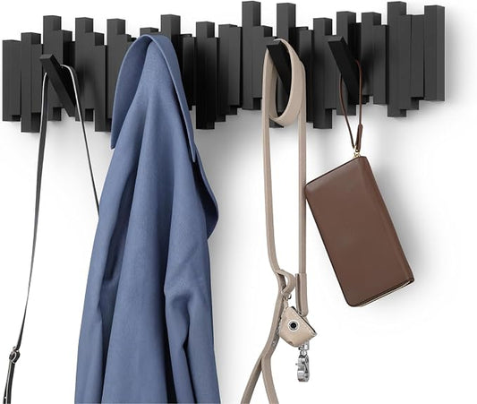 Umbra Sticks Wall Coat Rack, Wall Mount 8 Retractable Hooks, Black | Modern sculptural look, holds five pounds each, fits entryways and bedrooms, easy to install, recycled plastic by Umbra