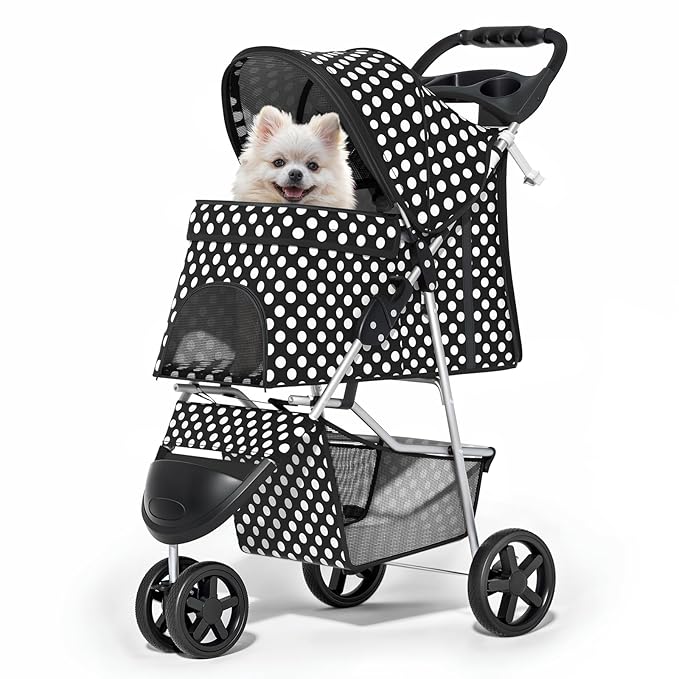 MoNiBloom 3 Wheels Pet Dog Cat Stroller for Small Medium Dogs Cats, Foldable Jogger Stroller w/Storage Basket and Cup Holder, Black Polka Dots