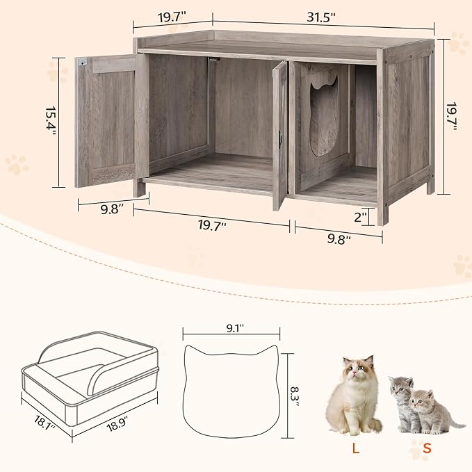MAHANCRIS Cat Litter Box Enclosure, Hidden Litter Box Furniture with Divider, Indoor Cat House, Wooden Cat Washroom Storage Cabinet Bench, Side End Table Nightstand, Greige CWHG2501Z - Image 4