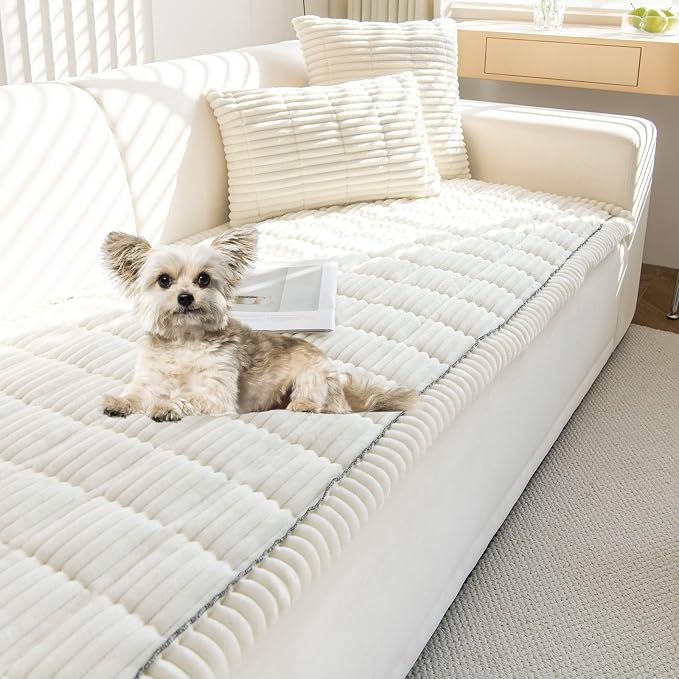 Faux Fur Plush Dog Couch Cover 3D Stripe Fuzzy Sofa Cover Non-Slip Fluffy Dog Bed Cover Pet Blanket Sofa Couch Furniture Protector for Puppy Large Dog Cat (Cream,28"x35") by WelcometoXSlive