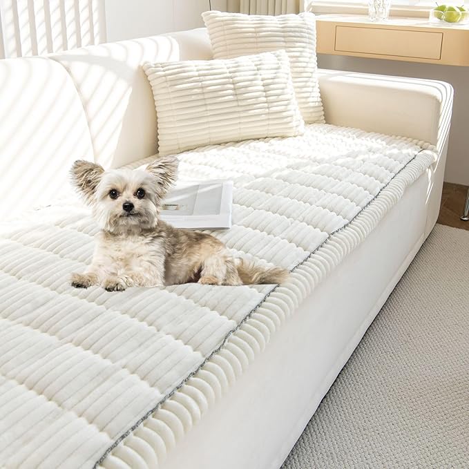 Faux Fur Plush Dog Couch Cover 3D Stripe Fuzzy Sofa Cover Non-Slip Fluffy Dog Bed Cover Pet Blanket Sofa Couch Furniture Protector for Puppy Large Dog Cat (Cream,31"x70") by WelcometoXSlive