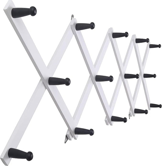 SKOLOO Hat Rack for Wall with 14 Hooks, Solid Wooden, Modern, Expandable Coat Rack Wall Mount for Coats, Hats, Bags, Baseball Caps, Black on White by SKOLOO