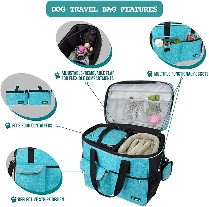 PetAmi Dog Travel Bag Organizer, Pet Travel Kit with 2 Food Containers & 2 Collapsible Dog Bowls, Pet Supplies Tote with Luggage Sleeve, Weekend Road Trip Camping Essentials, Teal Blue, Large - Image 4
