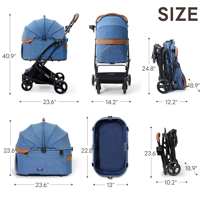 【One-Pull Open Ver.】 PETTENA One-Touch Foldable Dog Stroller for Small Dogs Cats up to 44 Lbs, Cat Stroller for 2 Cats, Large Space, Black (Navy Blue)