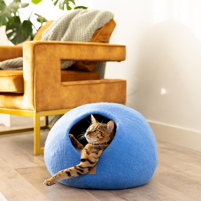 Best Aesthetic Cat Bed - Premium Felted Wool Cat Cave Bed - Cozy Peekaboo Round Cave for Large or Small Cats (Small, Sky Blue) - Image 3