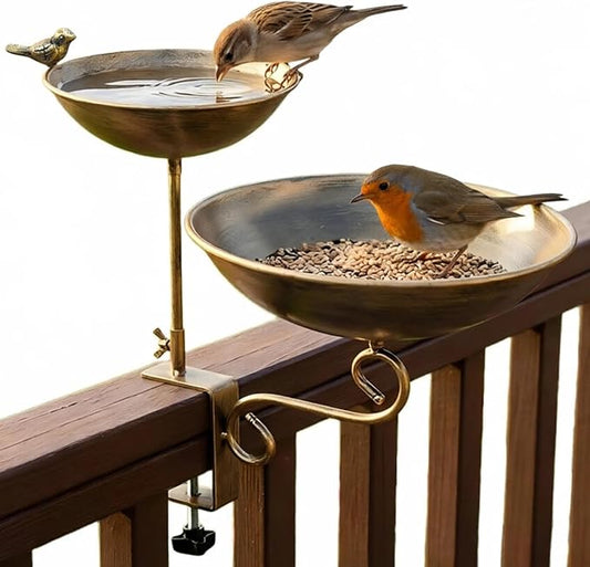 Dual Tier Deck Mounted Bird Bath with Feeder for Railing | Dual Levels for Backyard Bird Watching, Ideal for Cardinals, Finches & Sparrows, Adjustable Clamp Fits Decks, Easy Clean by TEYIGARDEN