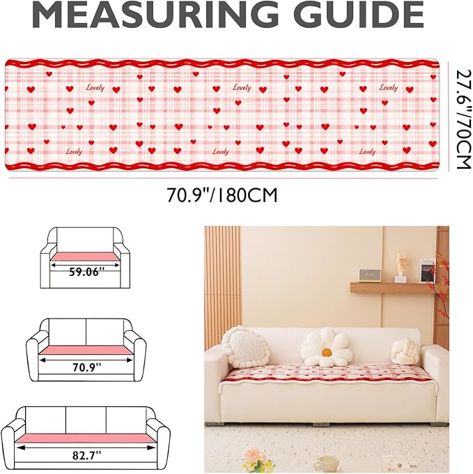Cmfshape Valentine's Day Velvet Sofa Slipcover-Romantic Heart Pattern,Pet Friendly Couch Covers for 3 Cushion Sofa,Washable Sofa Protector for Holiday,Lover,Anti-Slip,70.9"x27.6" - Image 4