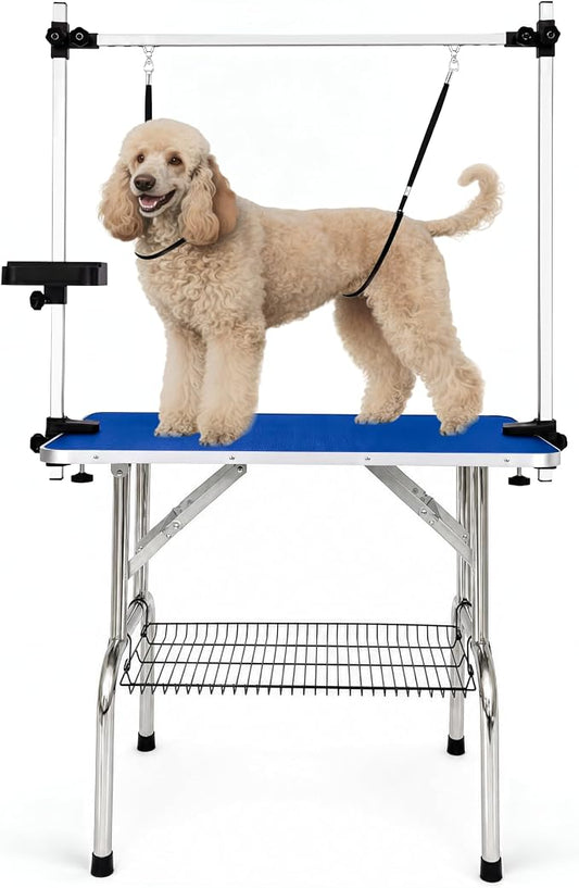 36" Foldable Dog Grooming Table with Adjustable H-Frame Arm & 2 Nooses, Heavy-Duty Stainless Steel Frame, Non-Slip Top, Tool Caddy and Mesh Tray, Blue by BaoheDC