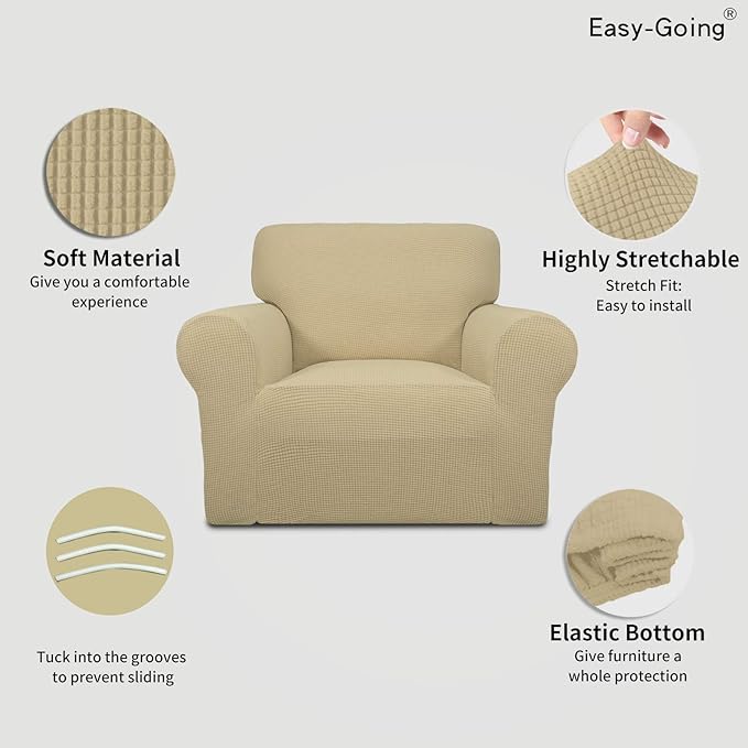 Easy-Going Stretch Chair Slipcover with Arm Washable Beige | 1-Piece Couch Sofa Cover Furniture Protector for Living Room Soft with Bottom For Kids, Pet. Spandex Jacquard - Image 4