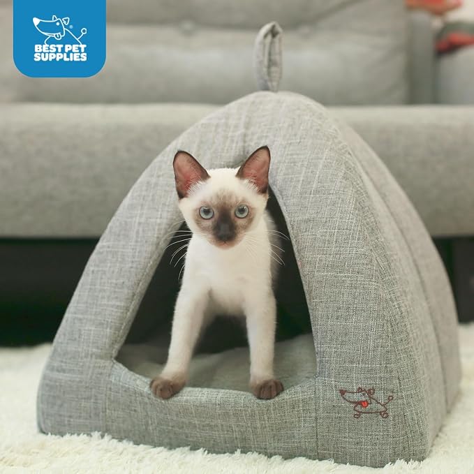 Best Pet Supplies Cat Bed for Indoor Cat, Domed Tent House with Removable Pillow, Covered Cat Cave for Small Dog, Puppies and All Breeds of Cats - Gray Linen, 19 x 19 x H:19" - Image 4