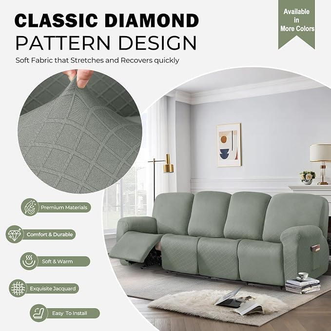 vctops Diamond Recliner Sofa Covers 10-Pieces Stretch Large RV Couch Covers for 4 Seats Reclining Slipcovers Soft Solid Furniture Protector (Greyish Green,4 Seat) - Image 3