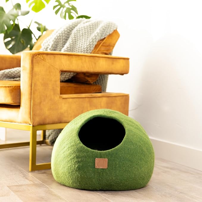 Best Aesthetic Cat Bed - Premium Felted Wool Cat Cave Bed - Cozy Peekaboo Round Cave for Large or Small Cats (Small, Forest Green) - Image 3