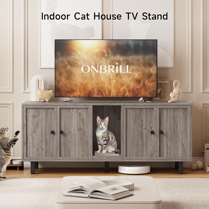 ONBRILL 59 Inches Cat Litter Box Enclosure for 2 Cats, Hidden Litter Boxes Furniture with Cat Scratch Pad, Large Indoor Pet House with Double Room, Wooden TV Stand Side Table, Grey - Image 5