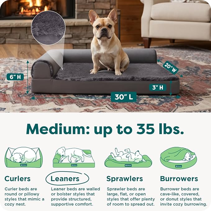 FurHaven Orthopedic Dog Bed for Medium Dogs, L-Shaped Chaise Mattress with Orthopedic Egg Crate & a Solid Orthopedic Foam Base for Joint Support, Washable Cover, Medium, Plush & Velvet, Platinum Gray - Image 3