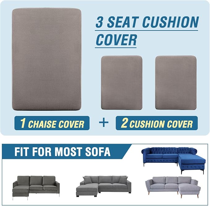 H.VERSAILTEX Sectional Couch Covers 3 Pieces Sofa Seat Cushion Covers L Shape Separate Cushion Couch Chaise Cover for Both Left/Right Sectional Couch (Seat Only: 1 Chaise + 2 Sofa, Taupe) - Image 8
