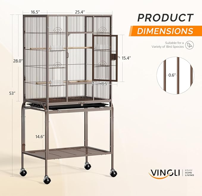 VINGLI 53-inch Bird Cage with Wheels, Durable Wrought Iron Parakeet Cage with Slide Out Tray, Black Bird Cages for Parakeets/Lovebird/Cockatiels/Budgies and Other Small/Medium Birds (Brown, 53 inch) - Image 5