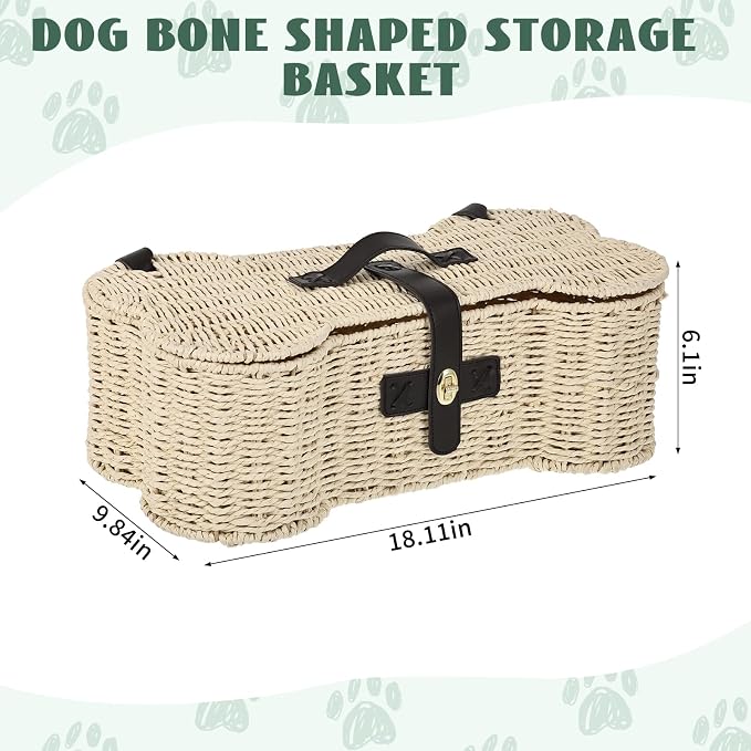 Bone Shaped Storage Basket Large Dog Toy Basket with Lid and Handles Dog Toy Bin Wicker Woven Bone Pet Organizer for Storing Frisbee Blankets Treats Pet Supplies - Image 2