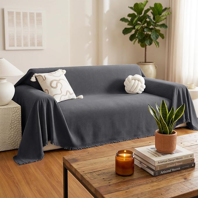 Chenille Couch Cover for Dogs, Boho Sofa Cover Washable Couch Cover, 3 Cushion Sofa Cover, Pet Throw Blankets for Couches with Tassel Furniture Protector Covers,71"×134",Dark Gray - Image 2