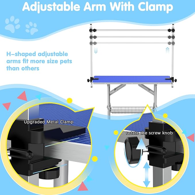 Lyromix 42'' Foldable Dog Grooming Table with Arms/Nooses/Mesh Tray, Blue | Stainless Steel Grooming Table for Dogs at Home, Adjustable Pet Bathing Station, Non-Slip Waterproof Tabletop, Capacity 330Lb - Image 3