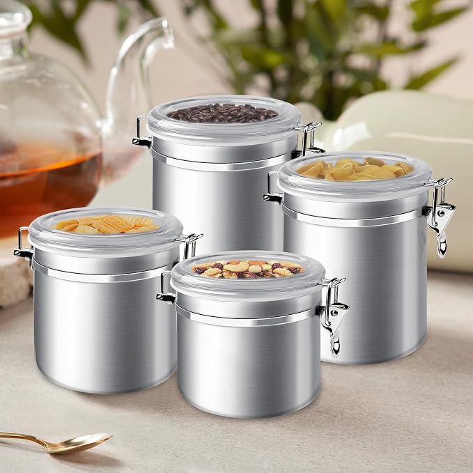 ENLOY 4-Piece Stainless Steel Airtight Food Storage Canister Set with Clear Lid, Containers Sets for Kitchen Counter for Sugar, Flour, Tea, Candy, Cookie, Spice, 28/32/38/65 oz - Image 6