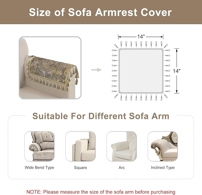 Loom and Mill Luxury Jacquard Sofa Arm Covers 2 PCS, Taupe Gold, 20x24in | European Antique Couch Armrest Cover with Tassels, Non-Slip Furniture Protector for Chair Sofa Recliners Couch Dogs Pets - Image 2