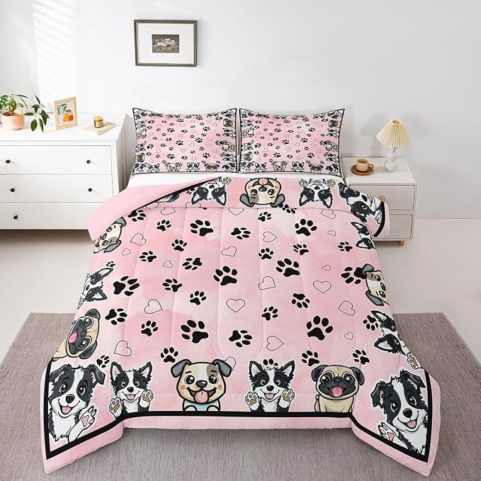 Manfei Cute Dog Paw Comforter Set,Cartoon Puppy Pet Animal Lover Bedding Set for Teens Young Room,Dogs Footprint Love Hearts Kawaii Pink Quilt Set 3 Pcs with 2 Pillowcases,Full - Image 3