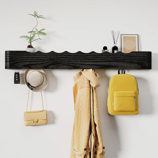 Coat Rack Wall Mount with Shelf 8 Hidden Hooks Modern Wooden Key Holder Entryway Organizer for Hallway Bedroom Bathroom Home Decor Storage for Hanging Coats Hats Bags Towels, Wave-Shape Black by Jadoxy