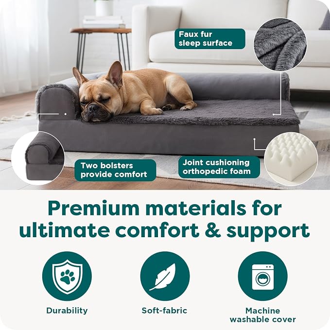 FurHaven Orthopedic Dog Bed for Medium Dogs, L-Shaped Chaise Mattress with Orthopedic Egg Crate & a Solid Orthopedic Foam Base for Joint Support, Washable Cover, Medium, Plush & Velvet, Platinum Gray - Image 5