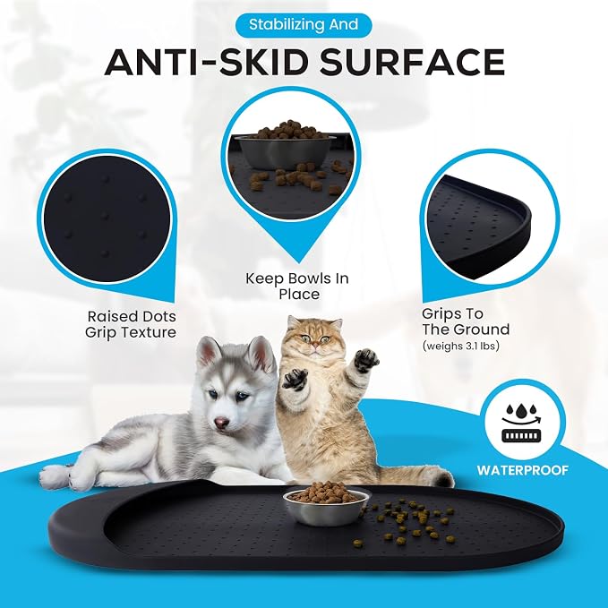 Dog Food Mat - 29” x 16.6” Pet Feeding Mat with Residue Collection Pocket - Large Silicone Dog Mat for Food and Water - Waterproof Dog and Cat Bowl Mat, High Edges to Prevent Spills, Black - Image 5