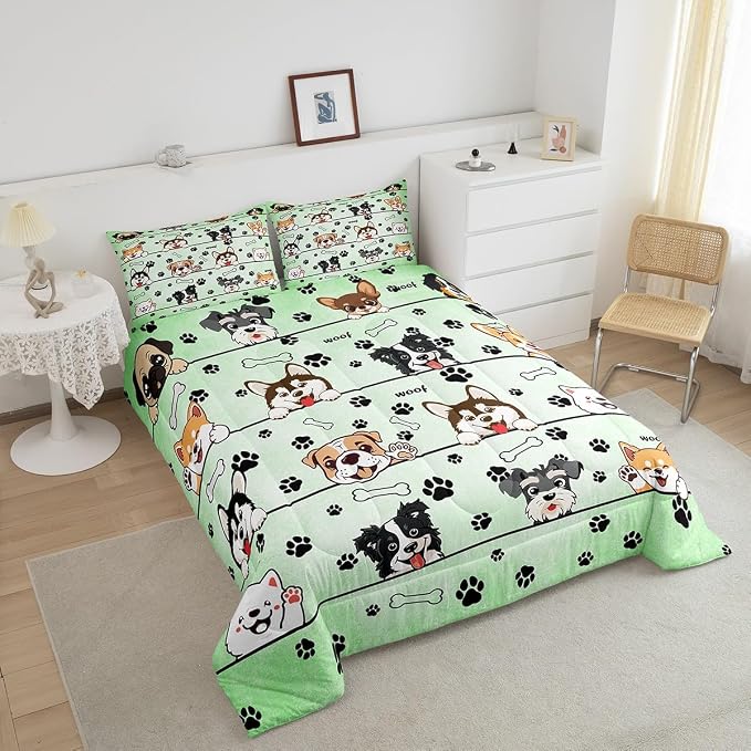 Manfei Cute Dogs Bed Comforter Set Queen Size,Cartoon Puppy Pet Animals Super Soft Microfiber Bedding Set for Adults Teens,Dogs Footprint Kawaii Green Comforter Set,2 Pillowcases - Image 3