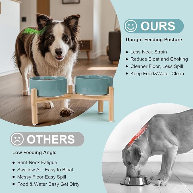 SPUNKYJUNKY Elevated Dog Bowls Ceramic, 7.3'' Dogs Food Water Bowls Raised with Non-Slip Bamboo Stand for Medium to Large Sized Breed Microwave Dishwasher Safe - 42 OZ,Dark Green - Image 3