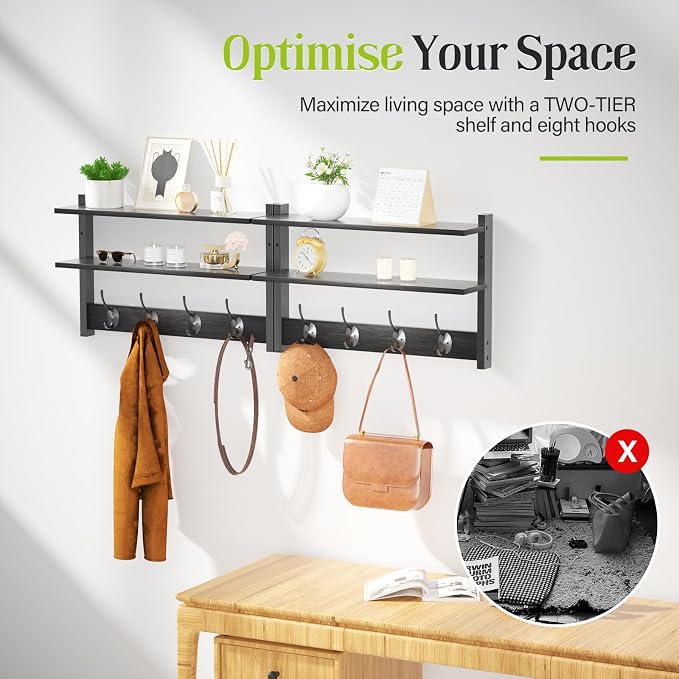 2 Tier Coat Rack Wall Mount with Shelf, 33" Wall Shelf with Hooks, Entryway Key Holder for Wall with 8 Heavy Duty Double Hooks, Coat Hook Wall Mounted for Bedroom, Living Room, Black - Image 4