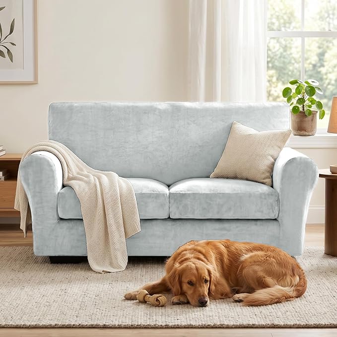 XINEAGE 3-Piece Velvet Loveseat Sofa Cover,Couch Covers for Dog,Silver Gray | 2 Cushion Loveseat,Stretch Non-slip Elastic, Pet-friendly, Washable, Fast Setup, Soft Plush Fabric, Furniture Protector. - Image 4