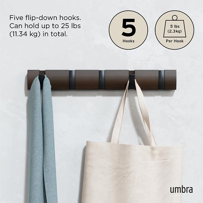 Umbra Flip Coat Rack, Wall Mounted 5-Hook Space Saving, Walnut/Black | Real wood and steel build, retractable hooks fold flat, holds coats bags and scarves, easy install - Image 5