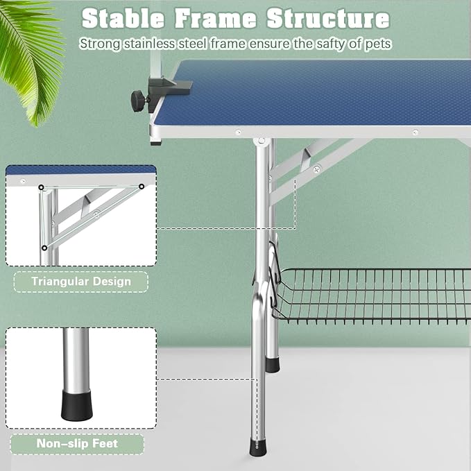 Lyromix 36'' Stainless Steel Pet Dog Grooming Table, Arm/Noose/Tray, Blue | Foldable Dog Grooming Table for Dogs at Home, Adjustable Height Arm, Non-Slip Waterproof Tabletop, Capacity 330Lb - Image 6